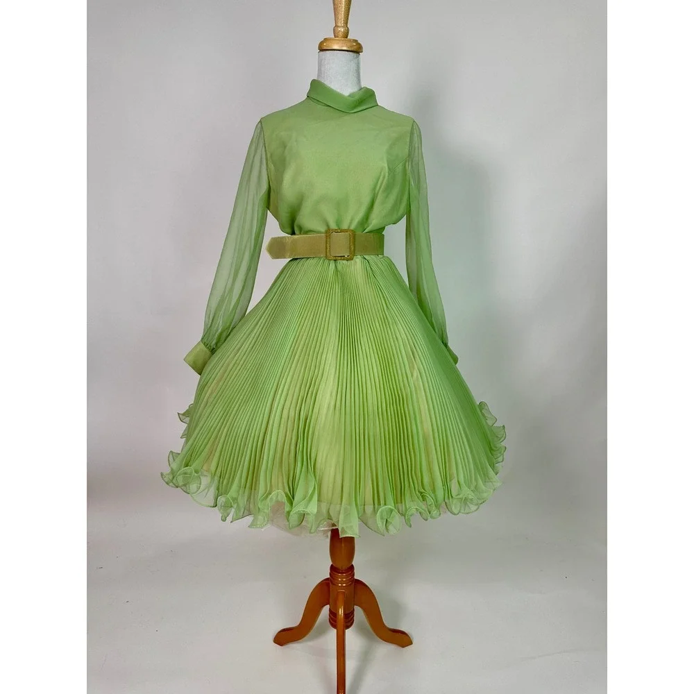 Vintage 70s Jack Bryan Pastel Green Chiffon‎ Pleated Midi Dress Mock Neck Belted